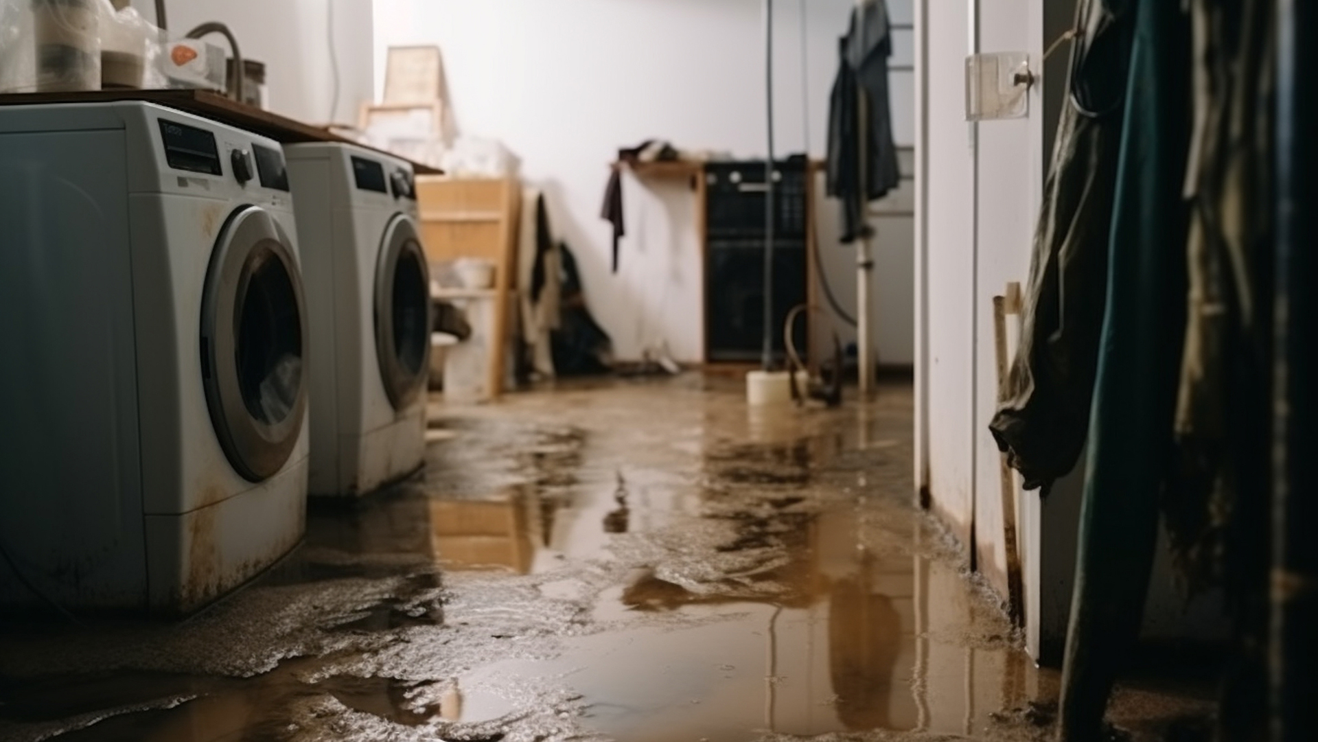 a washer and dryer in a dirty room