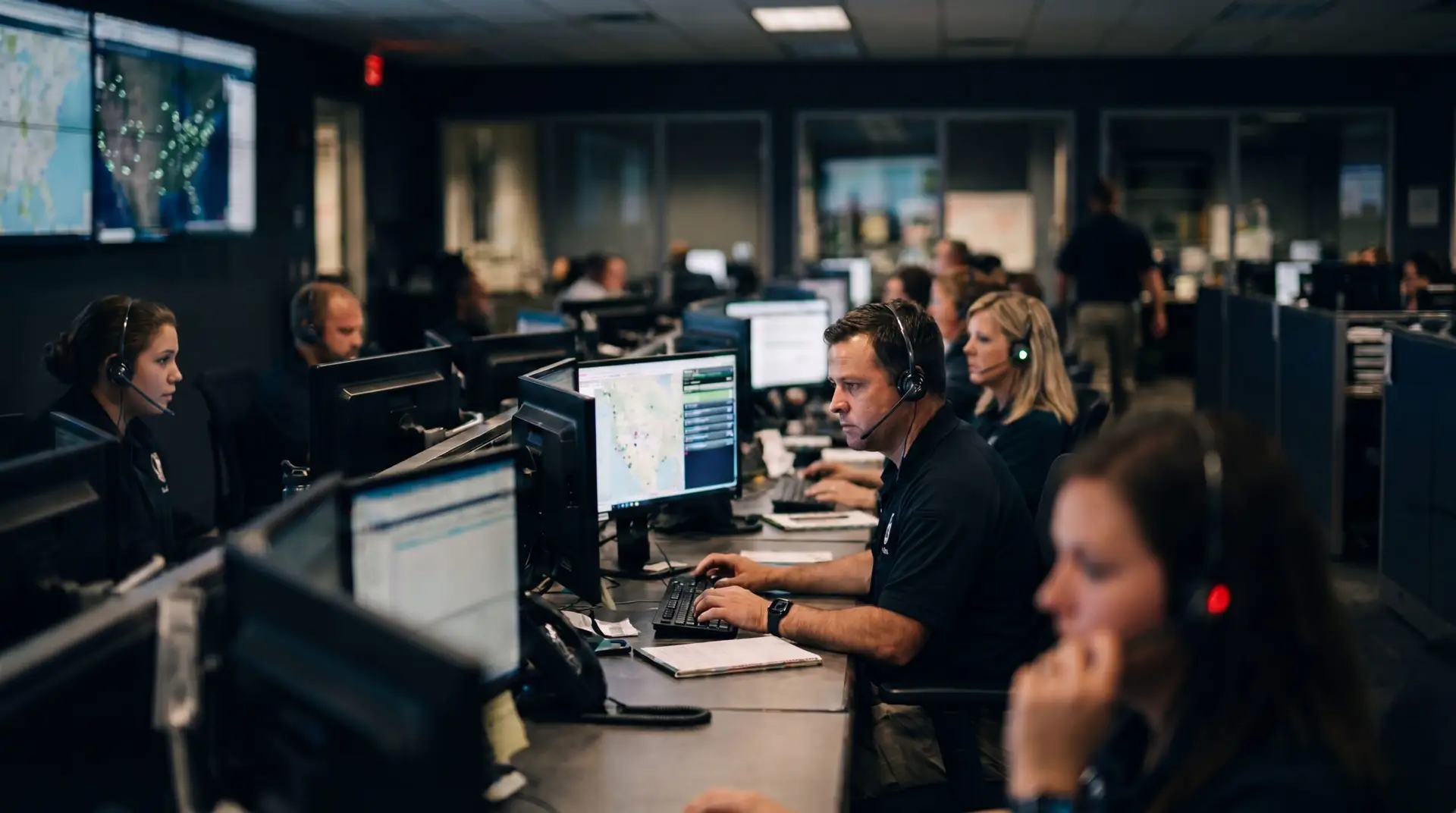 catastrophe claims operations center with adjusters at workstations
