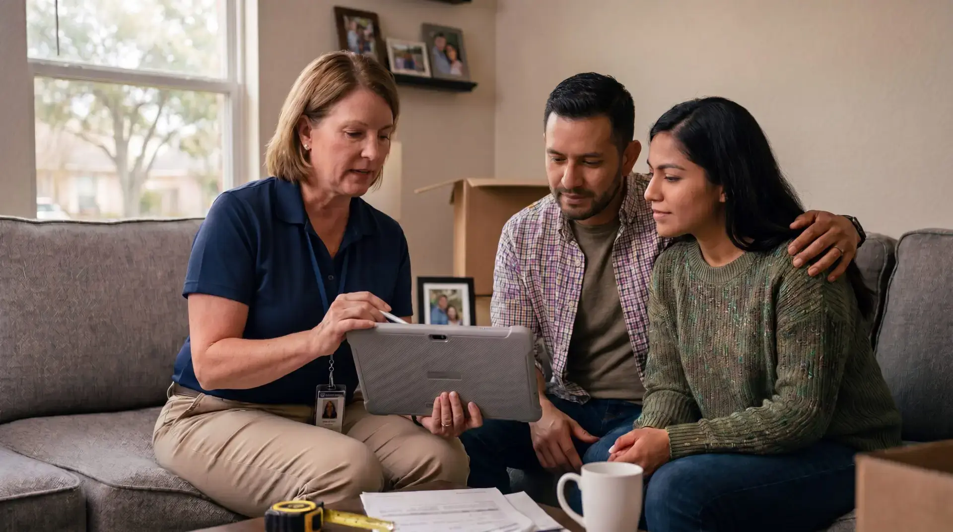 claims adjuster reviewing a claim on a tablet with homeowners