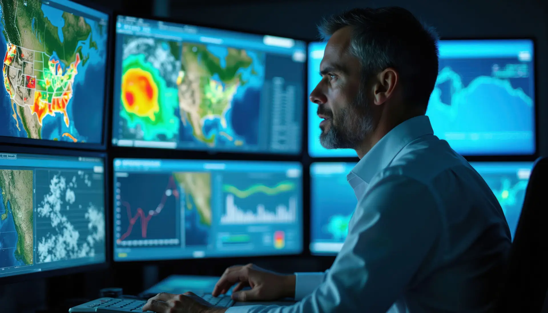 analyst monitoring hurricane weather radar on multiple screens