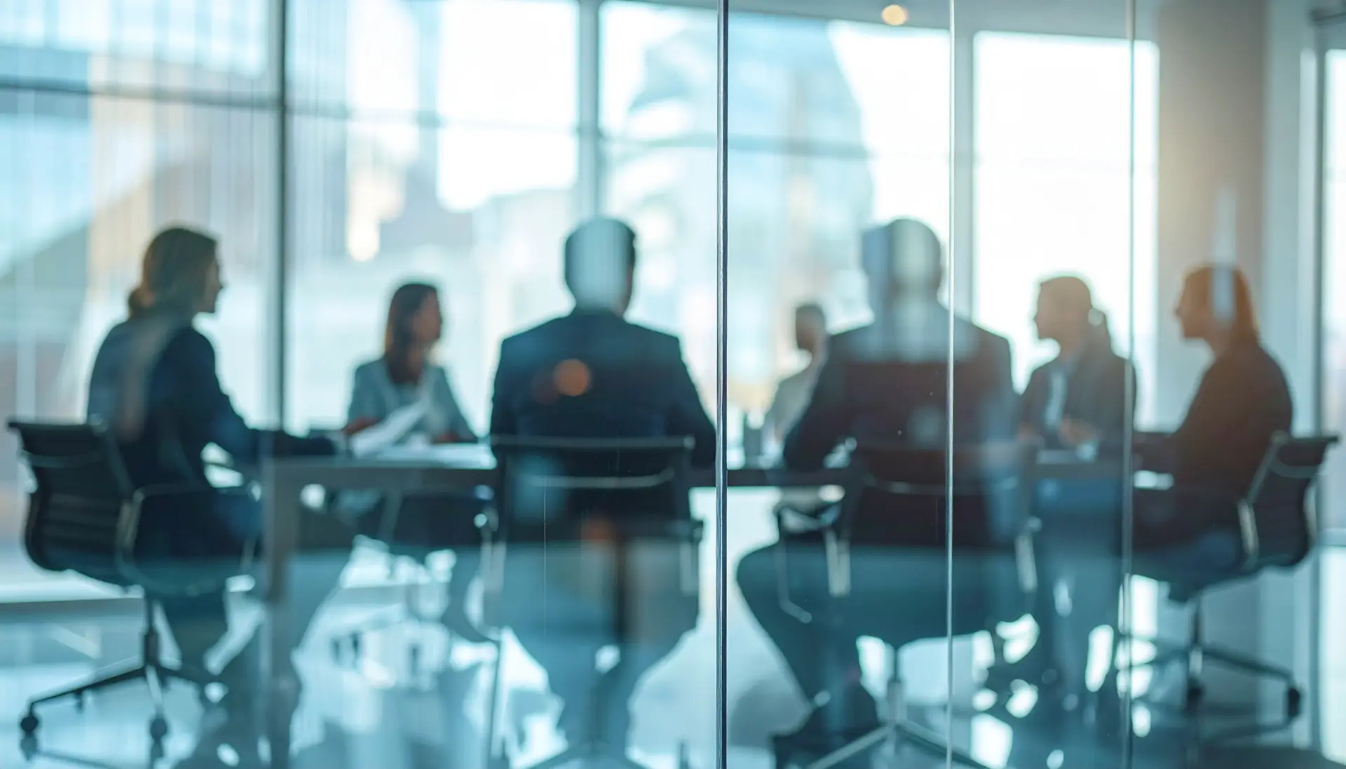 corporate meeting visible through glass reflection, professionals discussing in a business room background