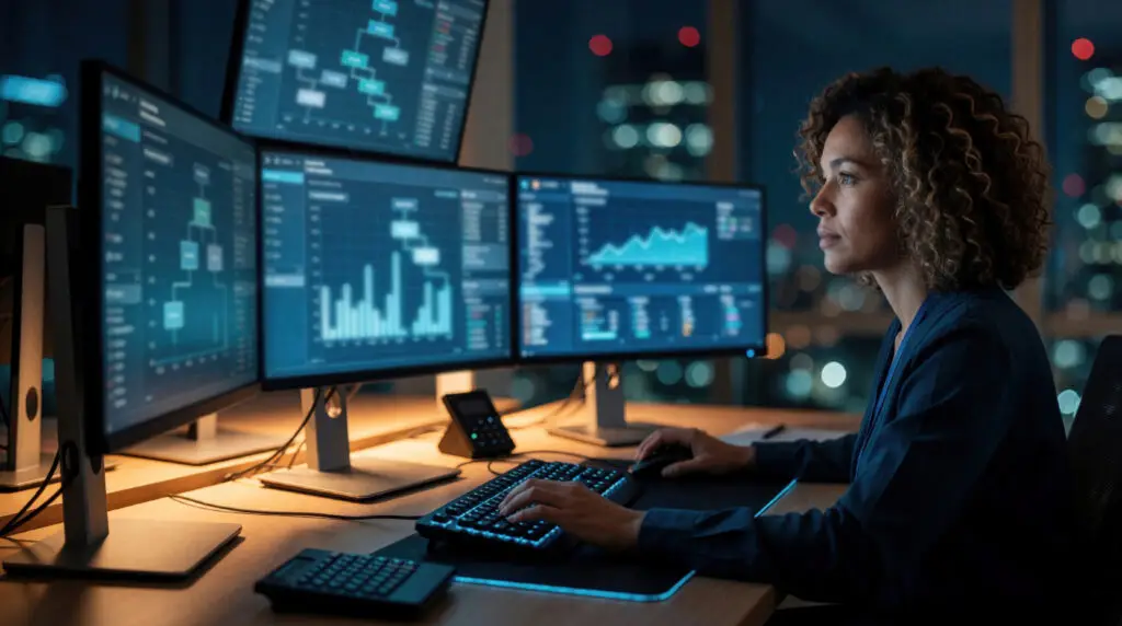 data analyst reviewing claims dashboards on multiple monitors