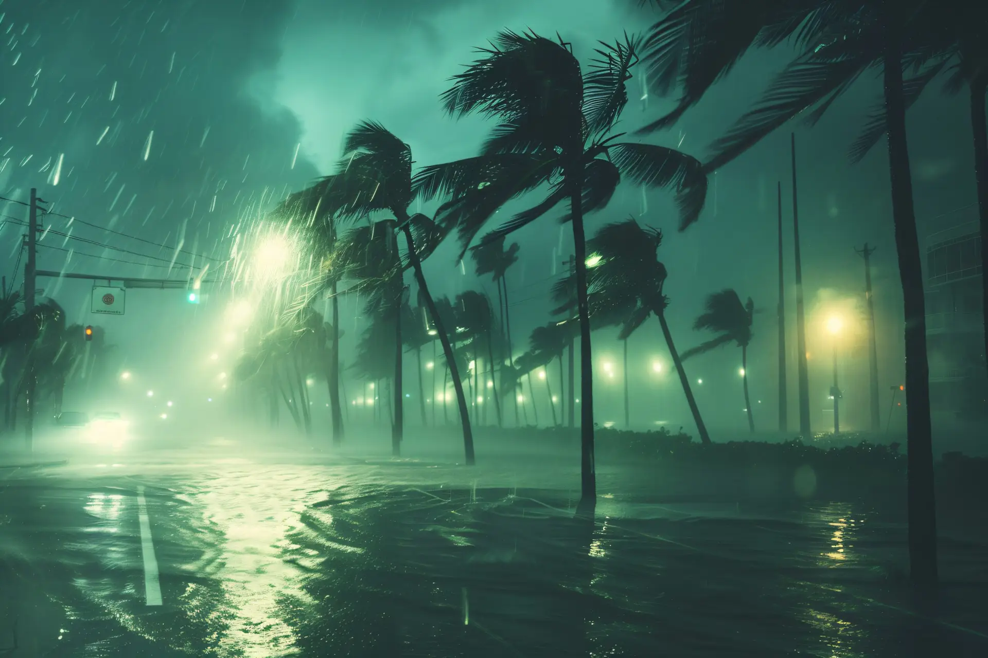 hurricane winds bending palm trees over a flooded street at night