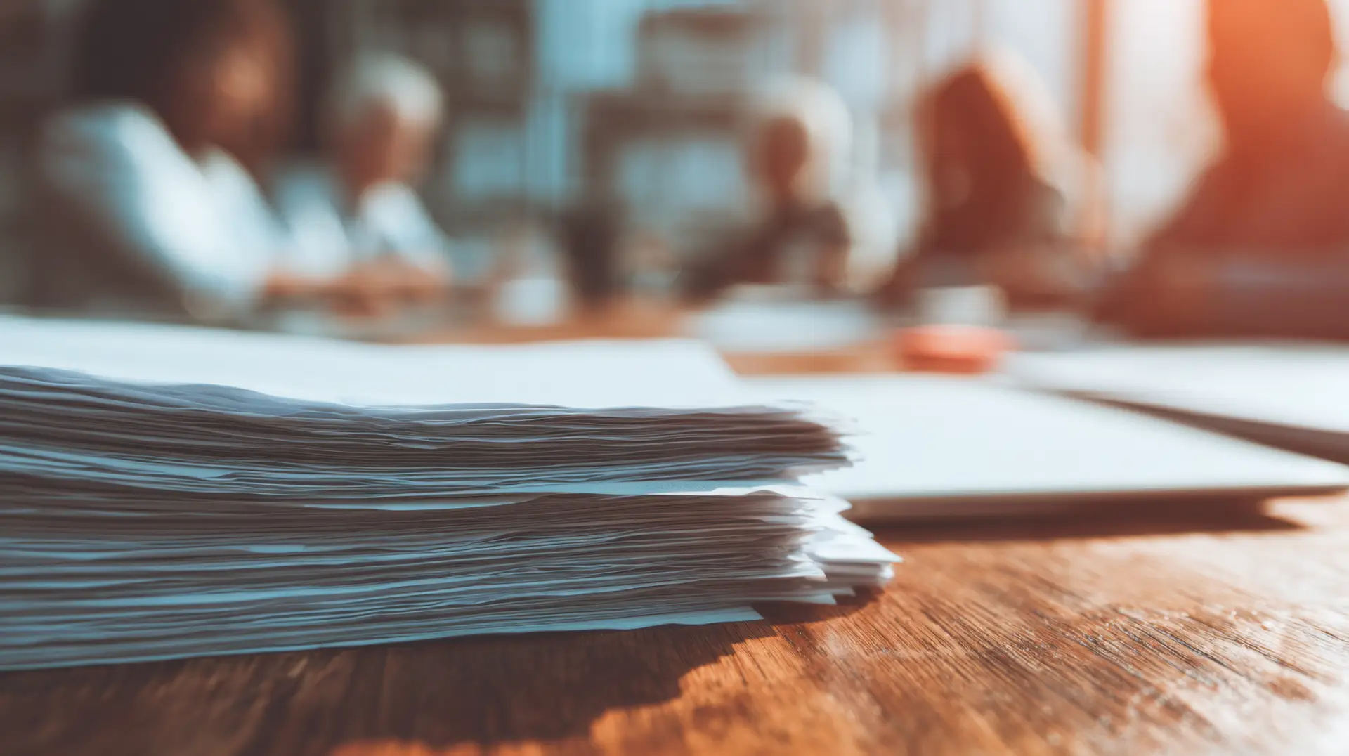 stack of claim documents on a desk during a team meeting