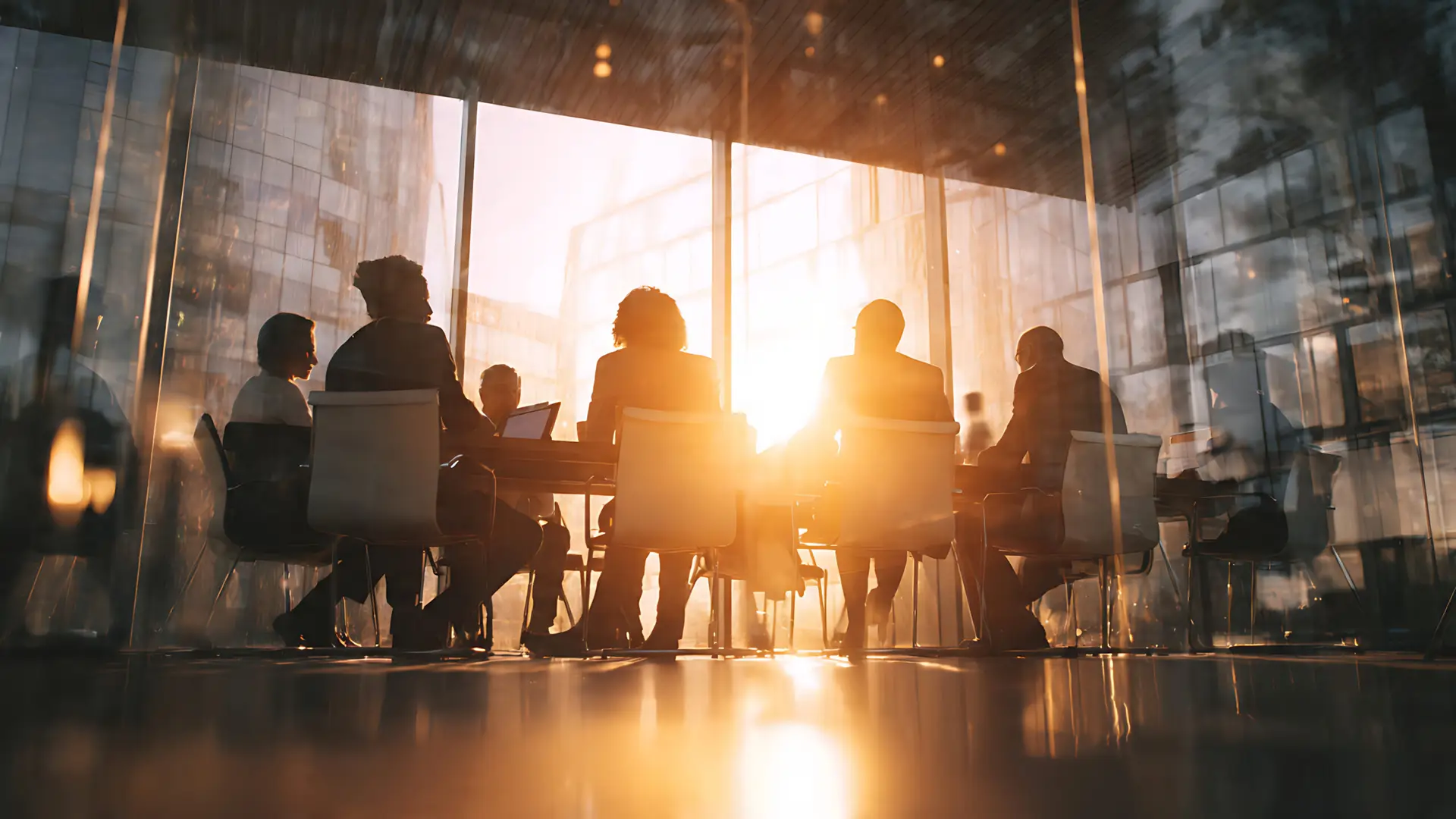 team meeting in a glass office backlit by sunlight