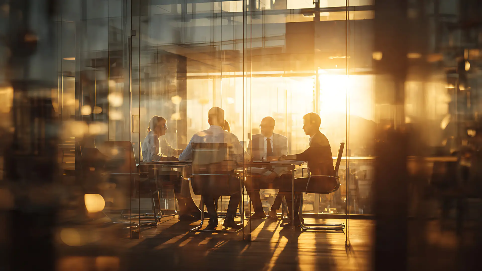 team meeting in a glass office at golden hour